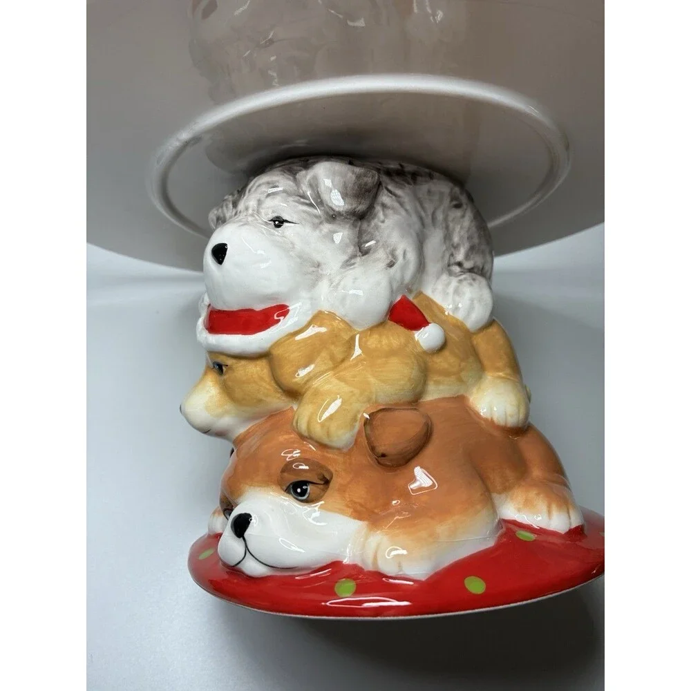PIER 1 CAKE PLATE STACKED DOGS CHRISTMAS Park Ave. Puppies -Retired